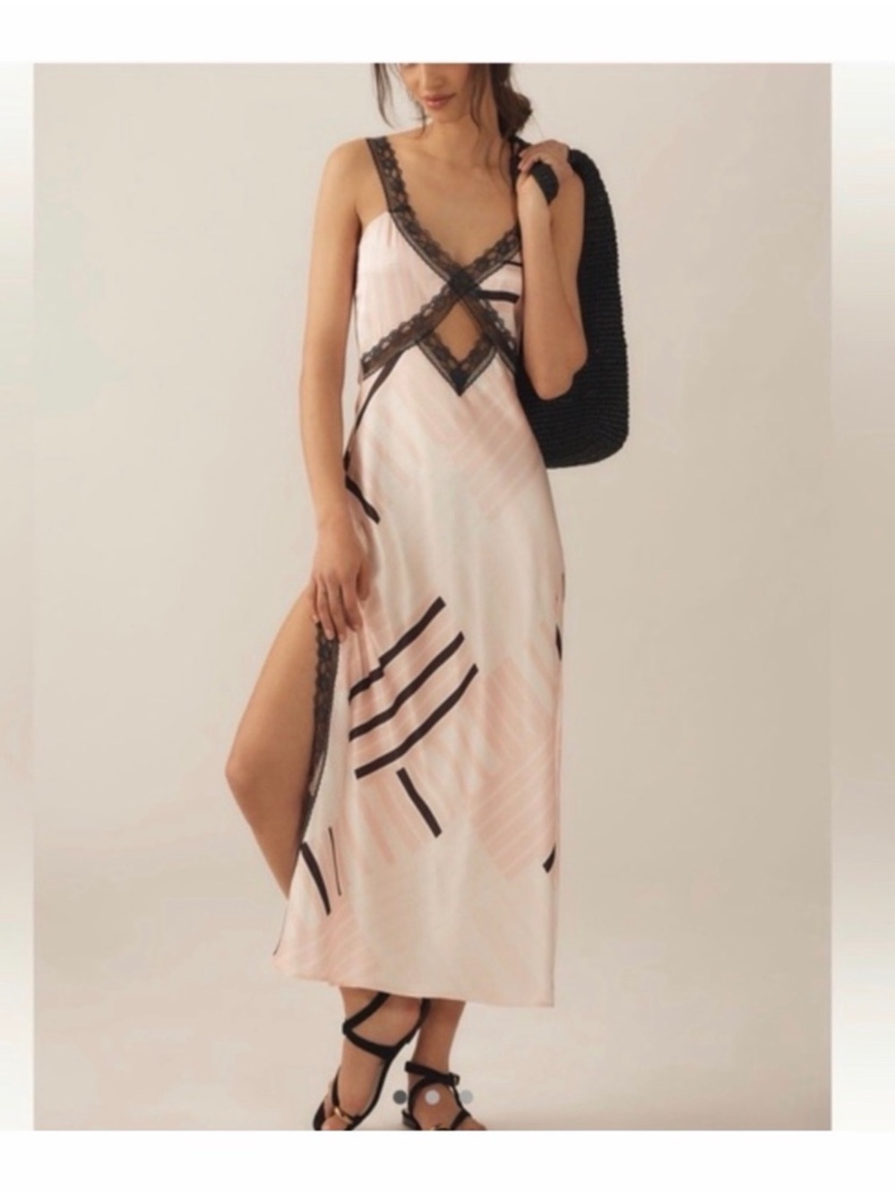 Anthropologie Blush Pink Midi Slip Dress with Black Lace Reversible
